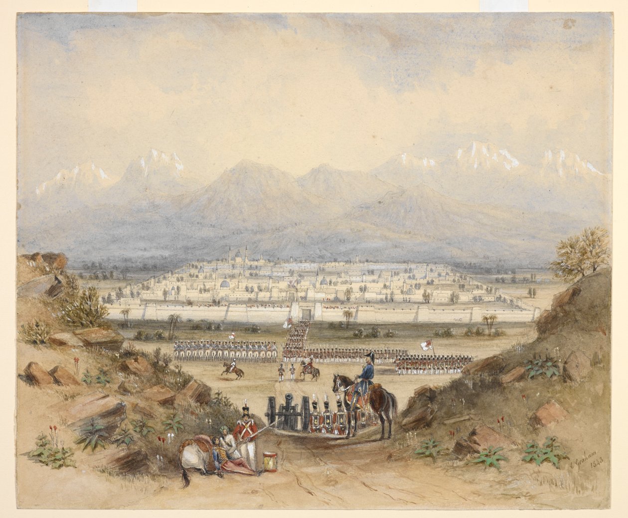 Dağlık bir ülkede surlarla çevrili bir kasabaya girmek üzere olan genel bir süvari ve piyade, belki de Kandahar (N.W.F.P.). 1843, daha önceki bir eskizden sonra. by C. Graham