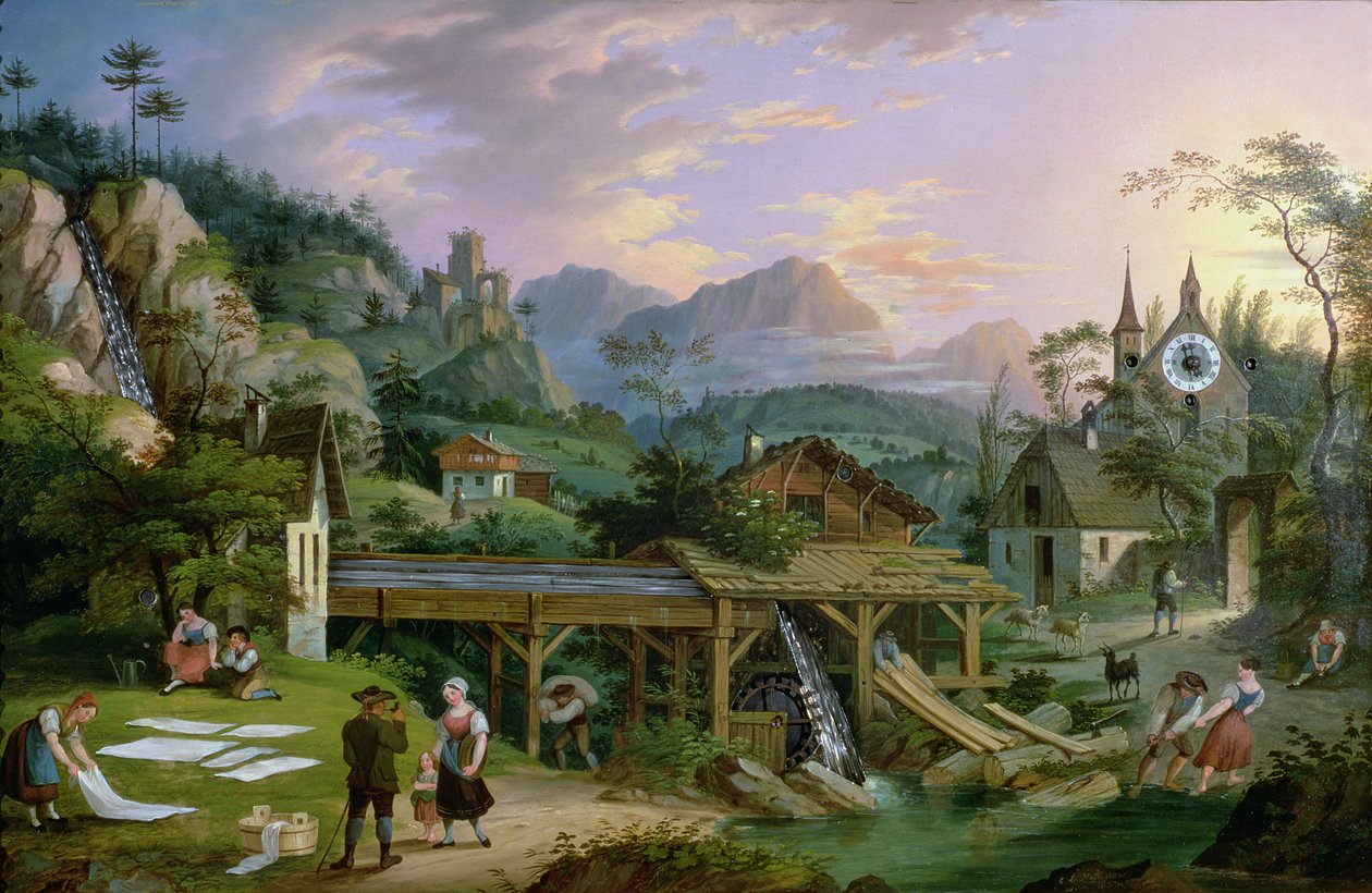 Kilise kulesinde saat mekanizmalı bir Alp köyü manzarasını gösteren Resimli Saat, 1833 (demir plaka üzerinde yağ) by C. L. Hoffmeister