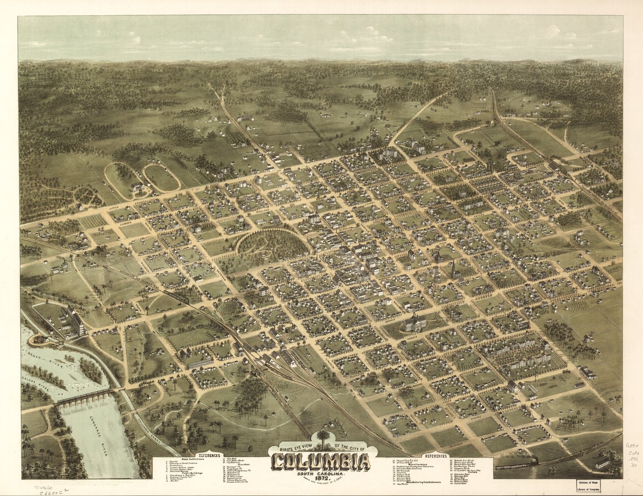 Columbia şehrinin kuşbakışı görünümü, Güney Karolina 1872. by C. N. Drie