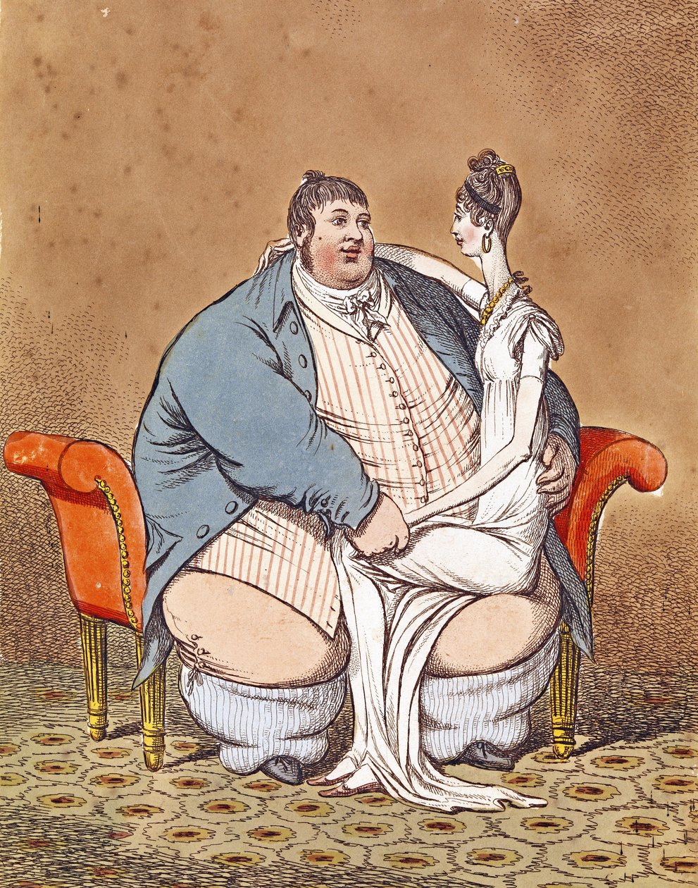 Şişman ve Yalın - Daniel Lambert, dizinde oturan zayıf bir kadınla tezat oluşturuyor, 1806 by C. Williams