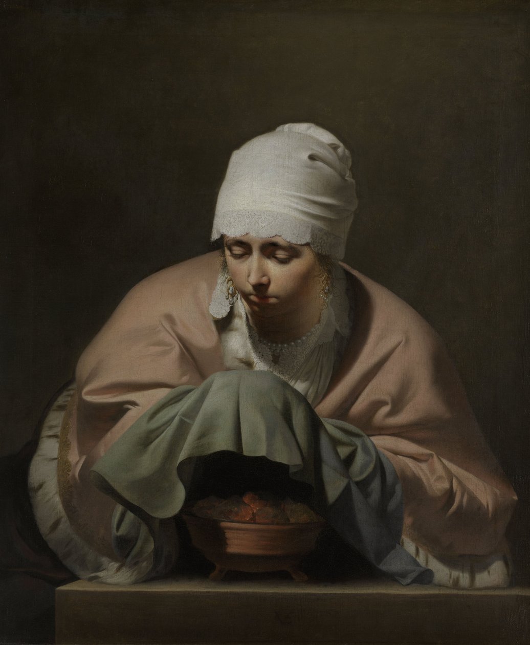 Bir Mangal Üzerinde Ellerini Isıtan Genç Kadın by Cesar Boetius van Everdingen