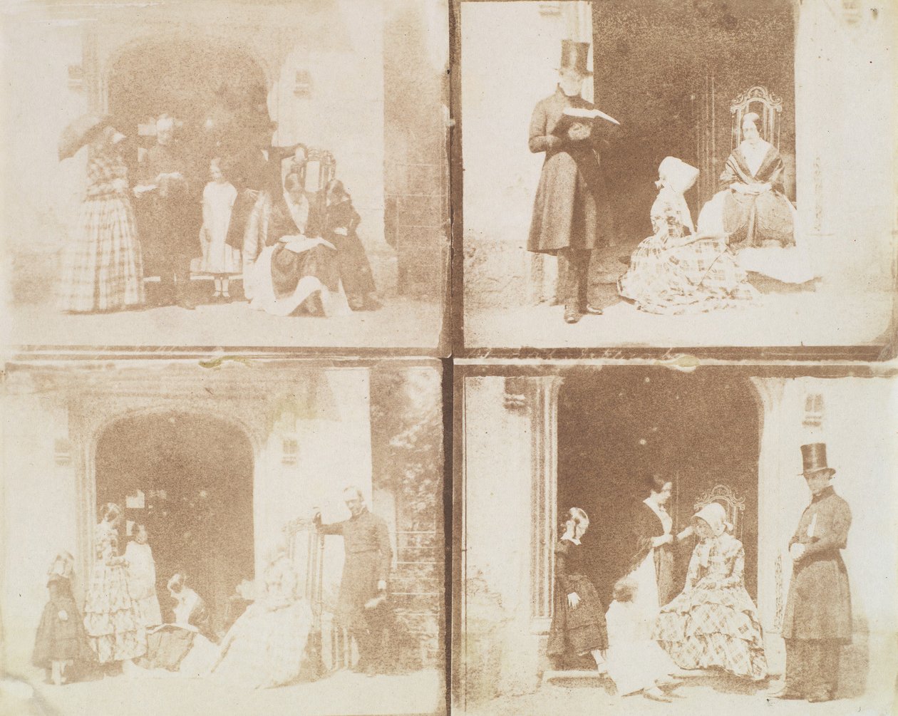 Bir kapı aralığındaki dört grup portreden oluşan iletişim sayfası, yakl. 1850. by Calvert Jones
