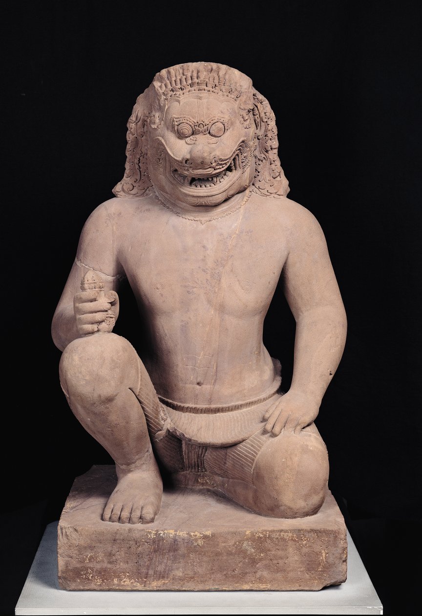 Aslan başlı koruyucu, Banteay Srei Stili, c.967 (kumtaşı) by Cambodian School