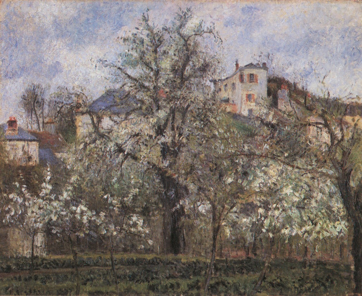Sebze bahçesi ve çiçekli ağaçlar, bahar, Pontoise by Camille Jacob Pissarro