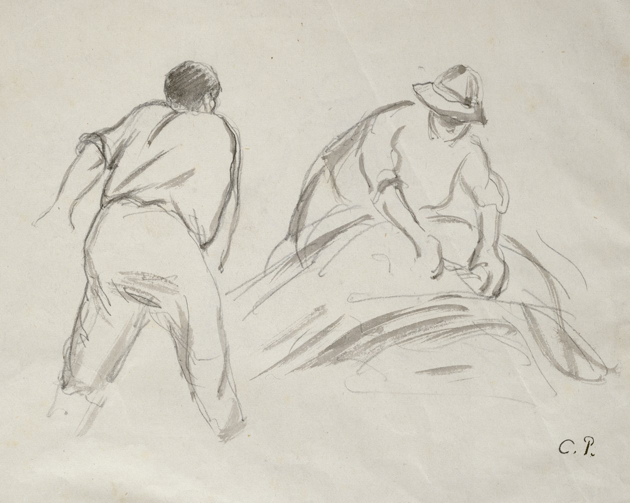 Bir erkek ve bir dişi biçerdöver çalışmaları (kağıt üzerinde kurşun kalem üzerine gri yıkama) by Camille Jacob Pissarro