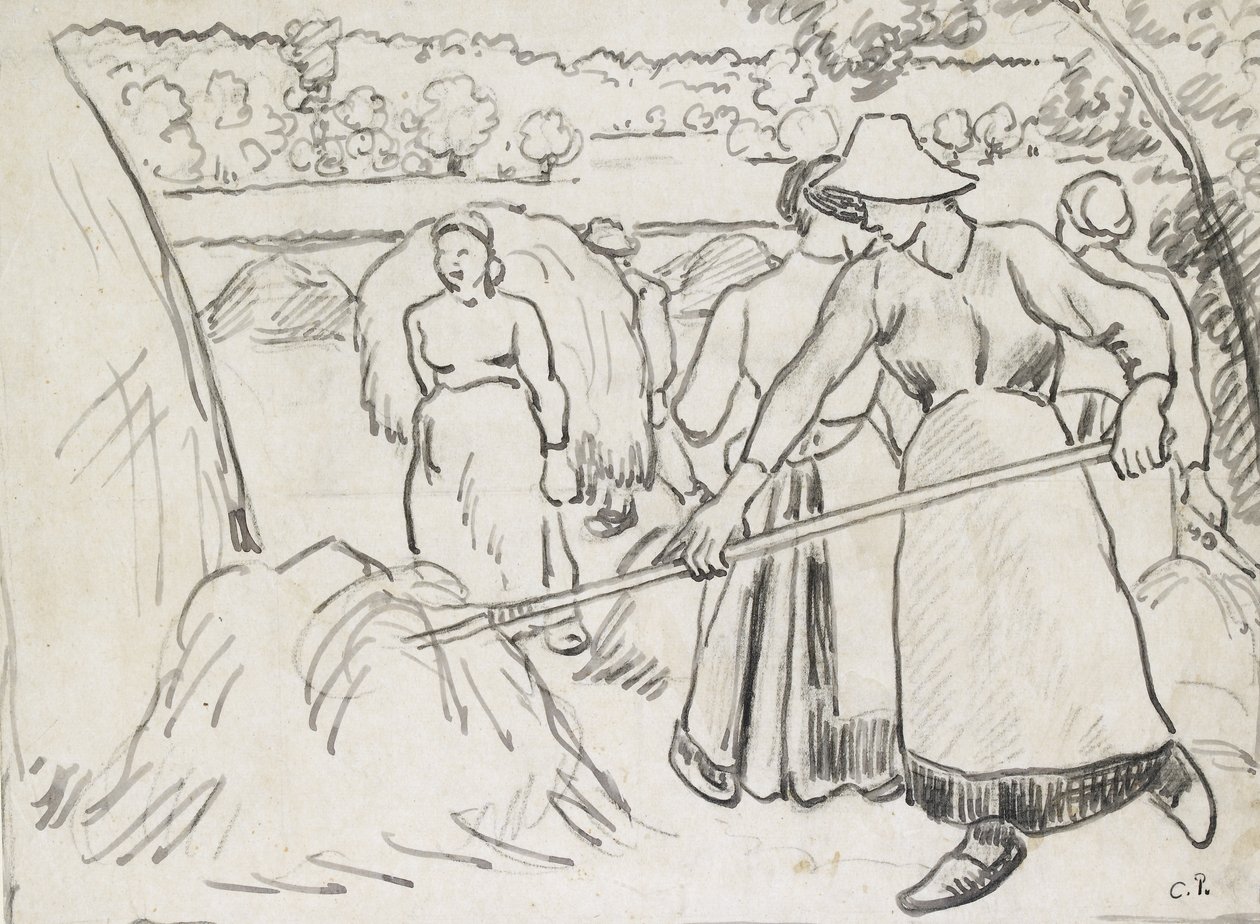 Bir manzaradaki biçerdöverlerin kompozisyon çalışması, c. 1893 (siyah tebeşir üzerine kalem ve koyu mürekkep, siyah tebeşirle hafifçe kare) by Camille Jacob Pissarro