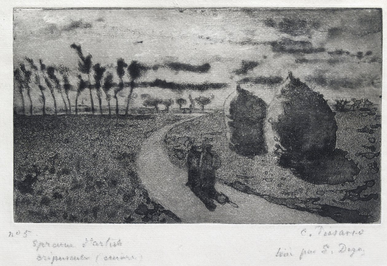 Crépuscule (avec Meules), 1879 (aşındırma, aquatint, kuru nokta ve zımpara kağıdı) by Camille Jacob Pissarro
