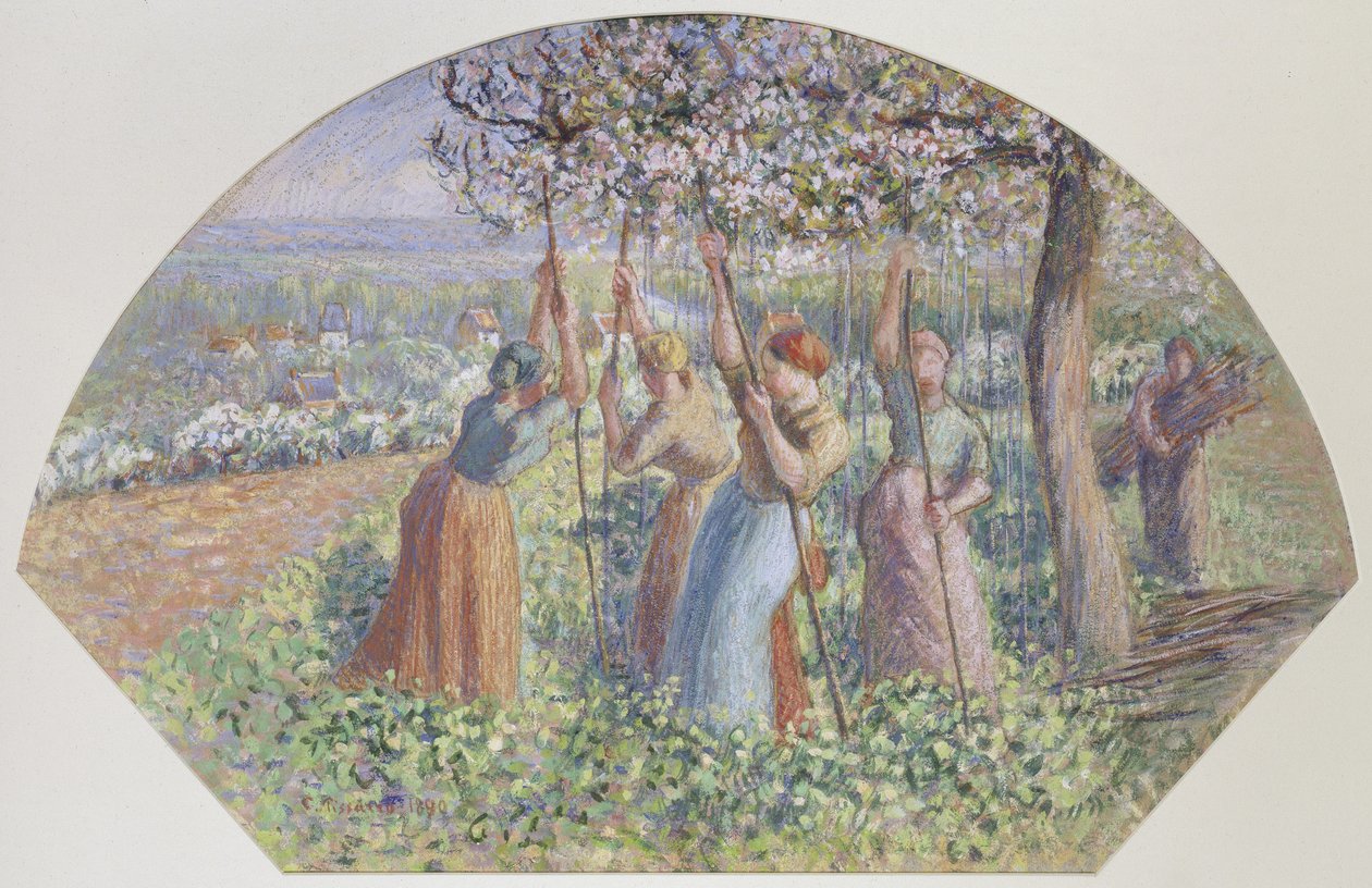 Bir hayran için tasarım: Bezelye kazıyıcıları, 1890 (kaba kahverengi kağıt üzerine siyah tebeşir üzerine guaj boya) by Camille Jacob Pissarro