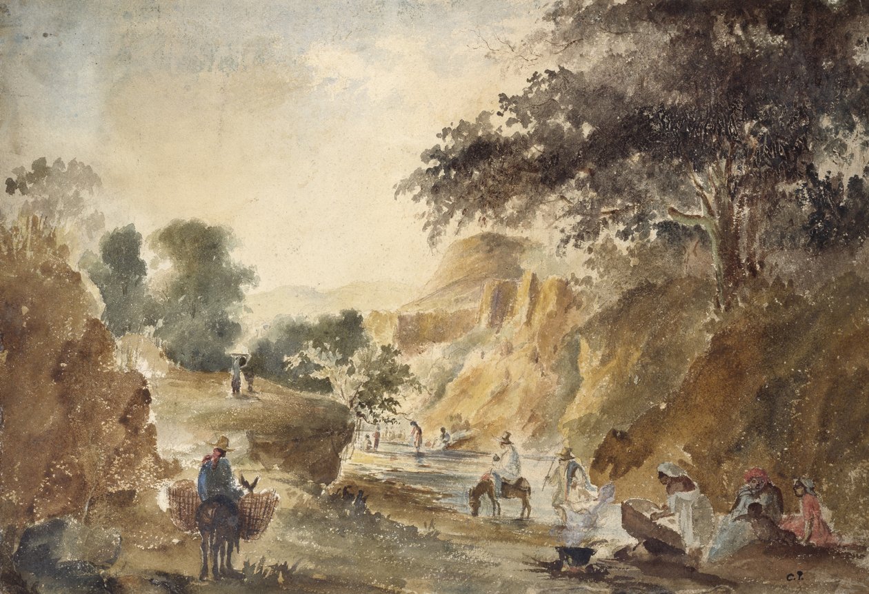 Nehir kenarında figürlü manzara, 1853 - 1854 (kalem üzerine sulu boya) by Camille Jacob Pissarro