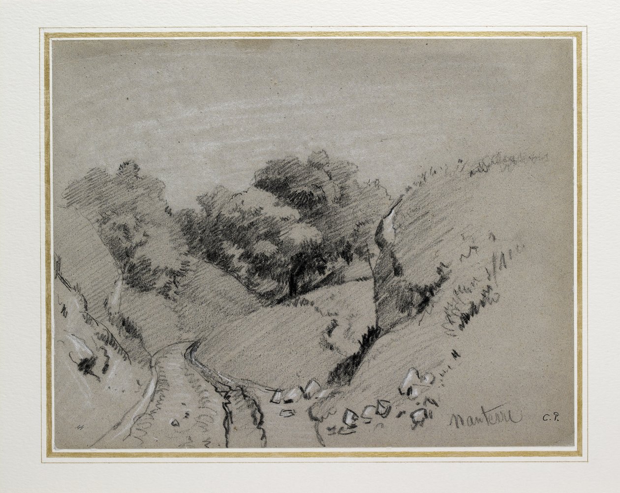 Nanterre, c. 1860 (gri kağıt üzerinde beyaz tebeşirle yükseltilmiş kömür) by Camille Jacob Pissarro