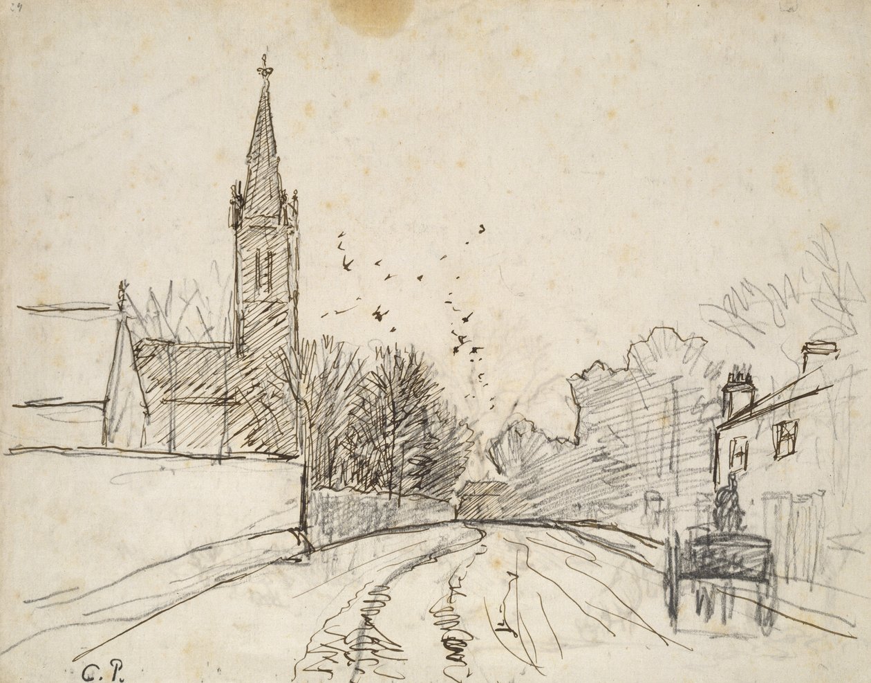 Recto: All Saints Kilisesi, 1871 ile Yukarı Norwood, Londra Çalışması (grafit üzerine kalem ve kahverengi mürekkep) by Camille Jacob Pissarro