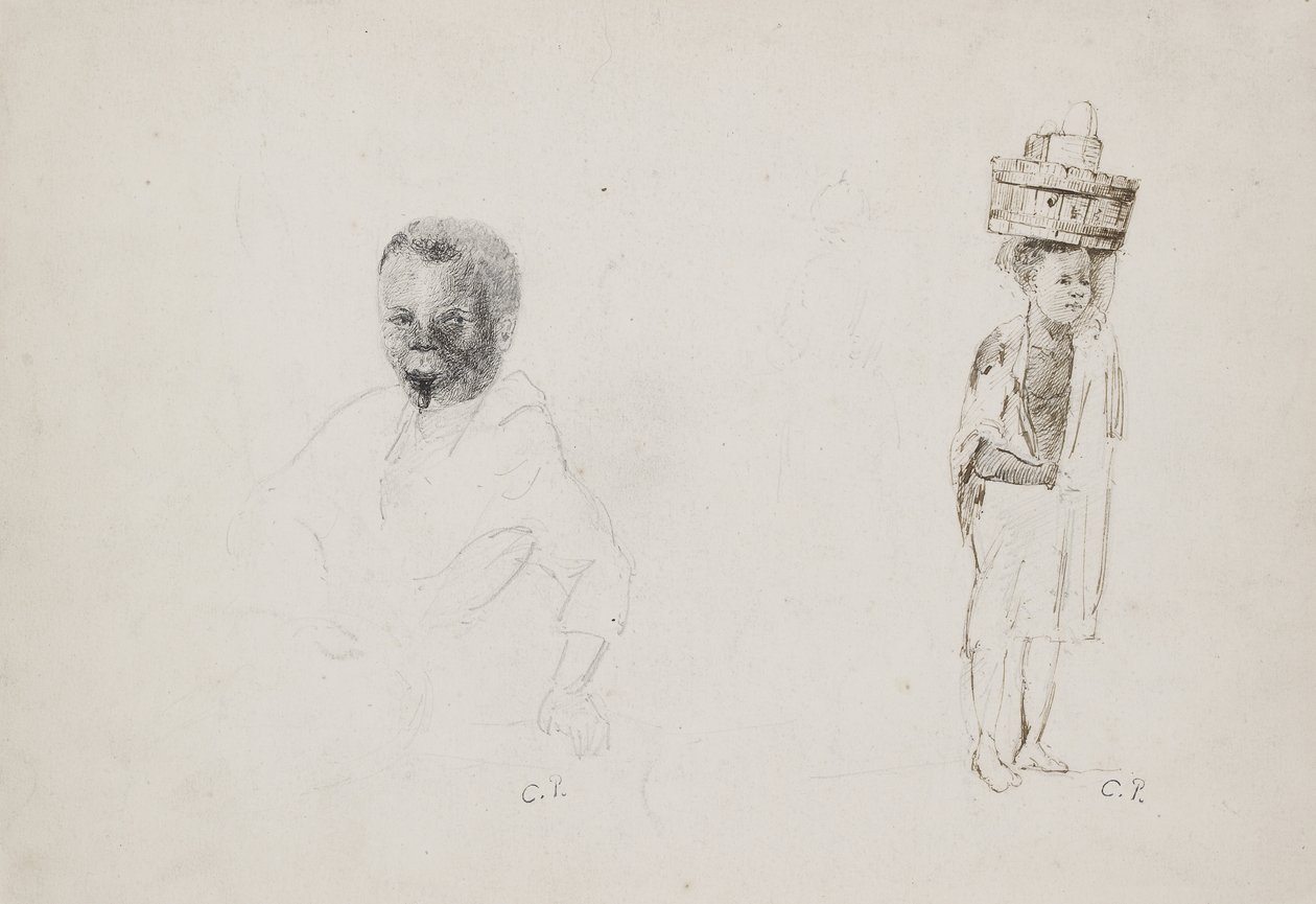 Bir kadın figürünün silik belirtileri olan İki Genç Oğlanın Çalışmaları, 1852 (kalem ve kağıt üzerine mürekkep) by Camille Jacob Pissarro