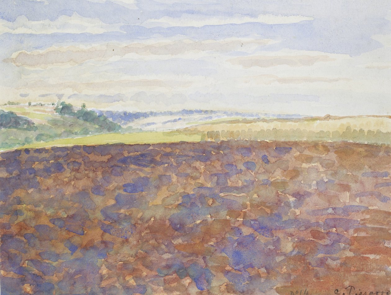 Sürülmüş tarlalı bir peyzaj çalışması, Eragny-sur-Epte, c. 1886 - 1890 (kalem üzerine sulu boya) by Camille Jacob Pissarro