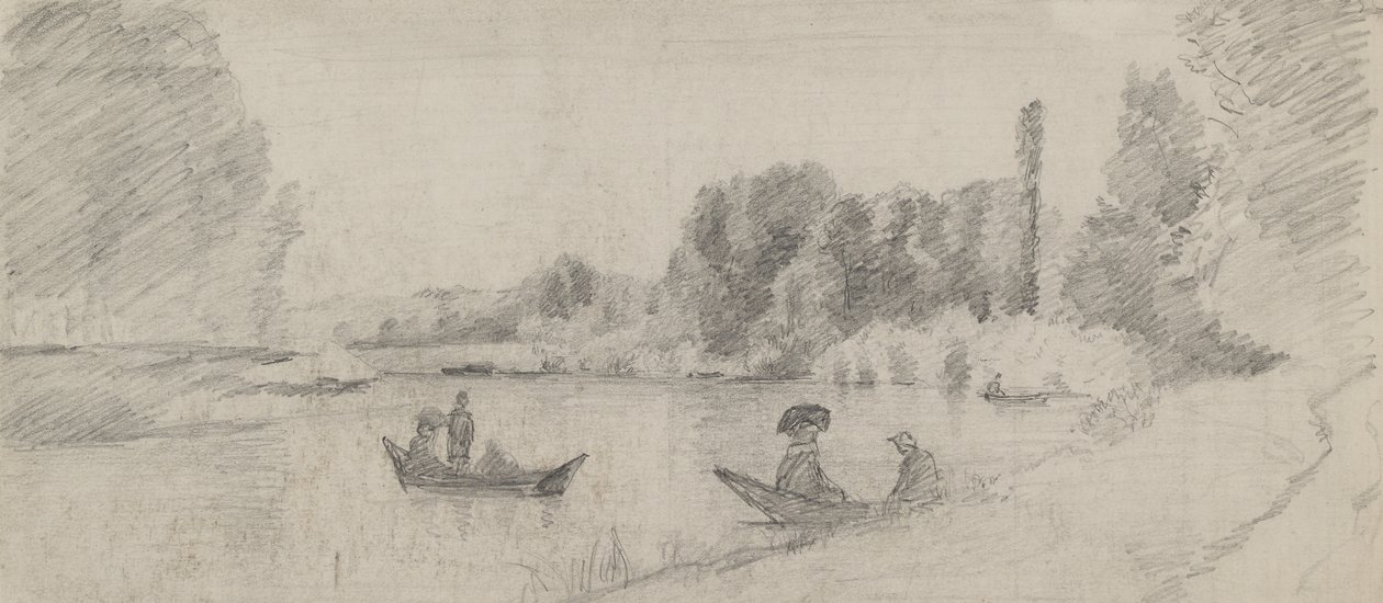 Teknelerle nehir manzarasının incelenmesi, 1863 - 1864 (kağıt üzerinde grafit) by Camille Jacob Pissarro
