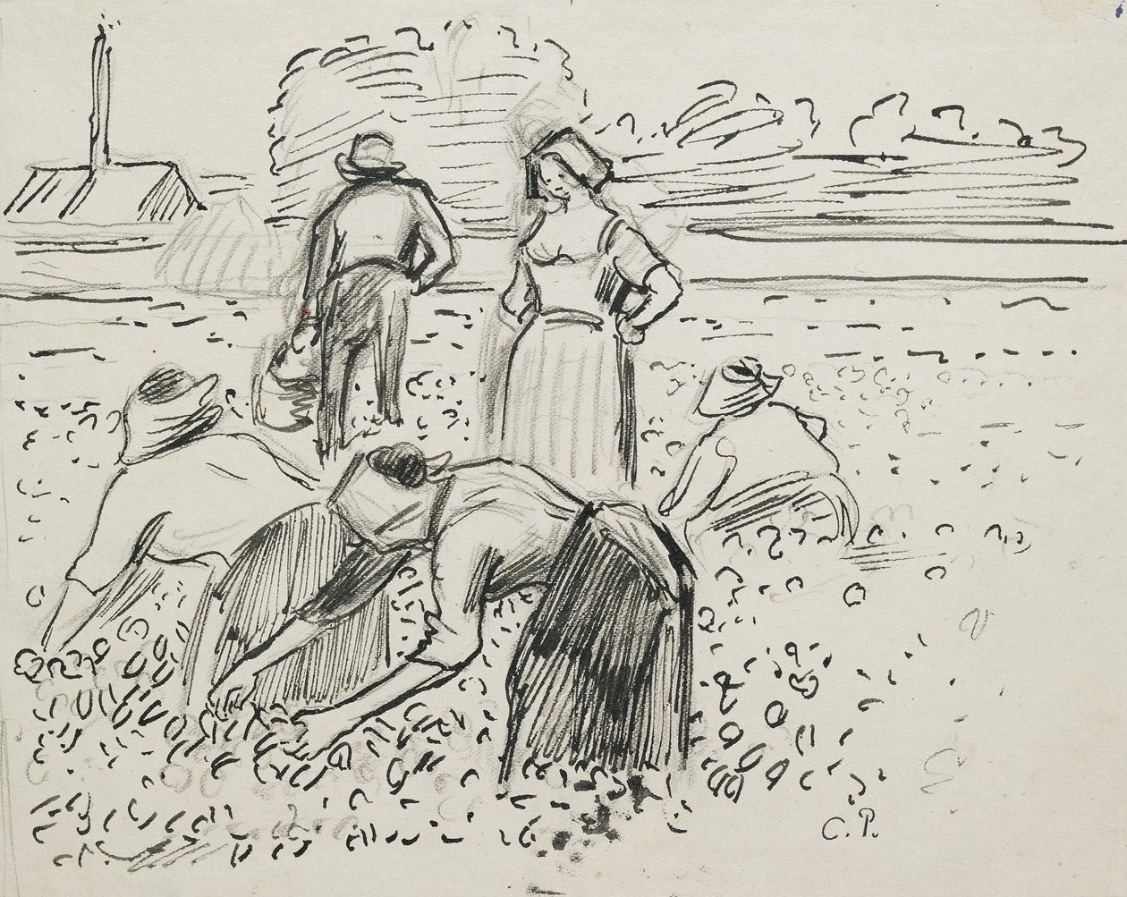 Tarlada çalışan beş köylü figürünün incelenmesi, 1887 (siyah tebeşir üzerine kalem ve mürekkep) by Camille Jacob Pissarro