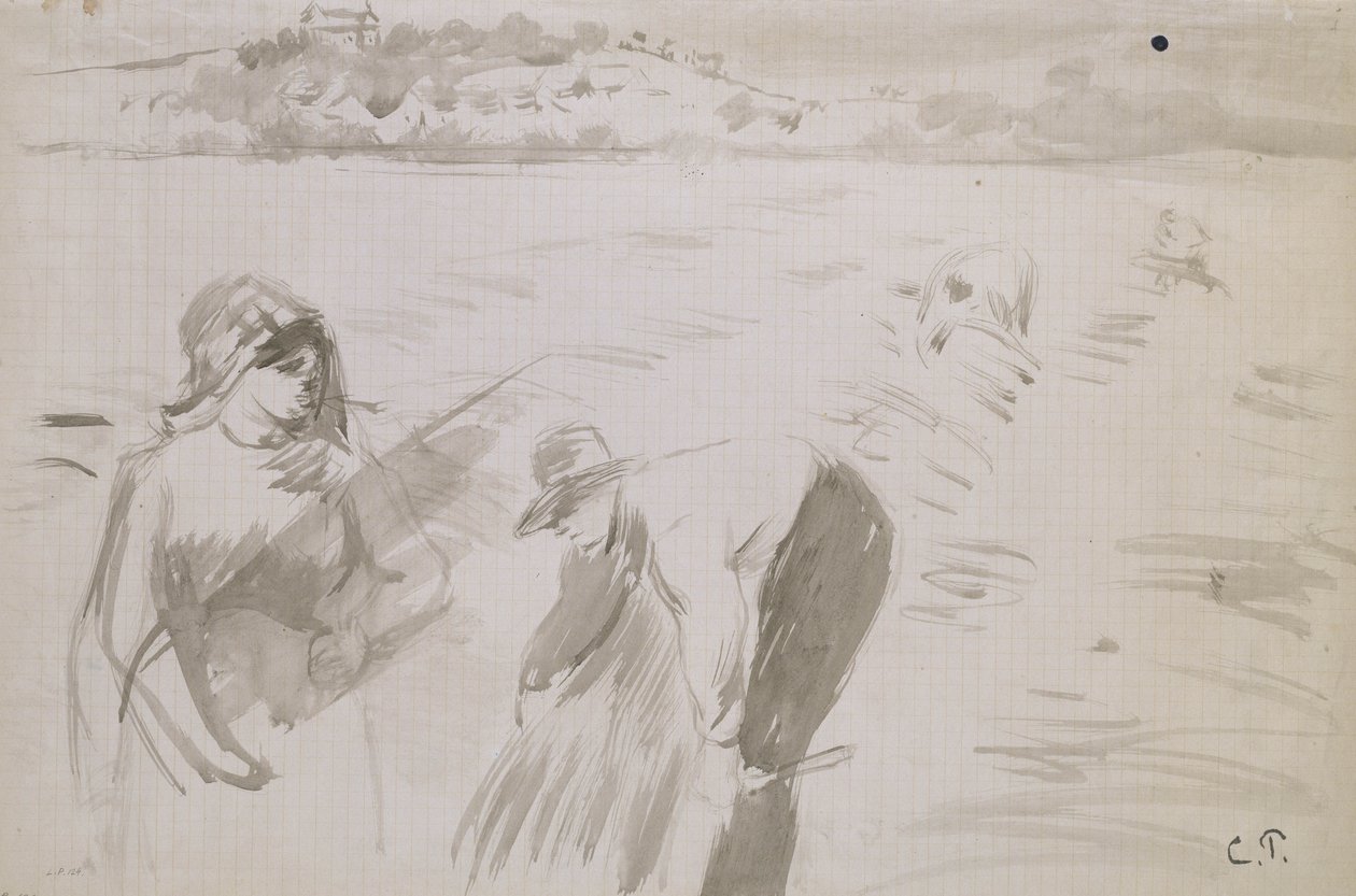 Pontoise yakınlarındaki bir tarlada çalışan biçerdöverlerin incelenmesi (kağıt üzerinde kahverengi mürekkeple gri yıkama) by Camille Jacob Pissarro