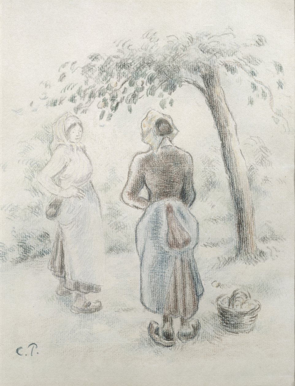 Elma Ağacının Altındaki Kadın, c. 1896 (kağıt üzerine renkli kurşun kalem) by Camille Jacob Pissarro