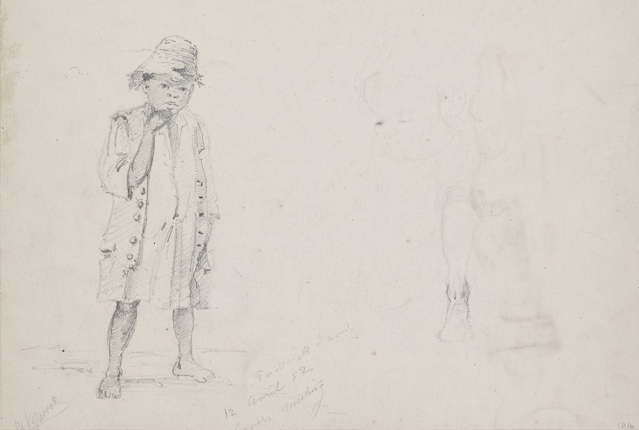 Yüzünde ve sol bacağında arkadan görülen soluk çalışmaları olan küçük bir çocuğun tam boy çalışması, 1852 (kalem ve kağıt üzerine mürekkep) by Camille Jacob Pissarro