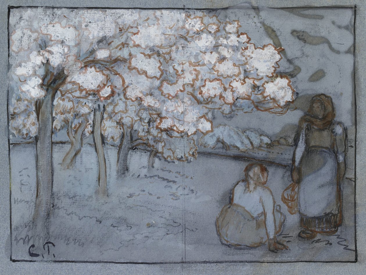 Bir meyve bahçesinde sohbet eden iki kadın köylünün kompozisyon çalışması, c. 1894 (mavi kağıt üzerinde gövde rengi ile yükseltilmiş kömür üzerine kırmızı-kahverengi ve Hint mürekkepleri) by Camille Jacob Pissarro