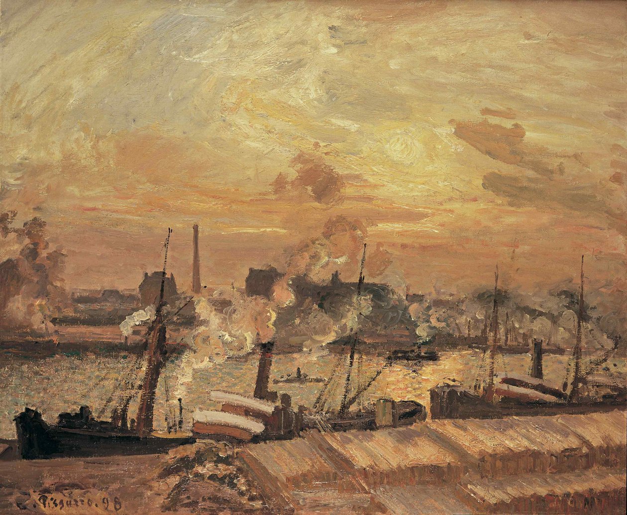 Odun boşaltma, Quai de la Bourse, gün batımı, 1898. by Camille Jacob Pissarro