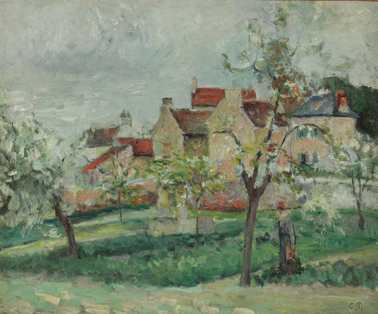 Çiçekli Erik Tress, Pontoise; Çiçek açan erik ağaçları, Pontoise, 1876 dolayları by Camille Jacob Pissarro