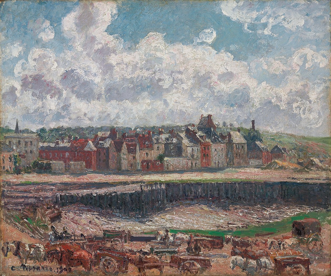 Dieppe Balıkçı Limanı Önünde Atlar ve Arabalar; Balıkçı iskelesinin önündeki atlar ve arabalar, Dieppe, gelgit, 1902 by Camille Jacob Pissarro