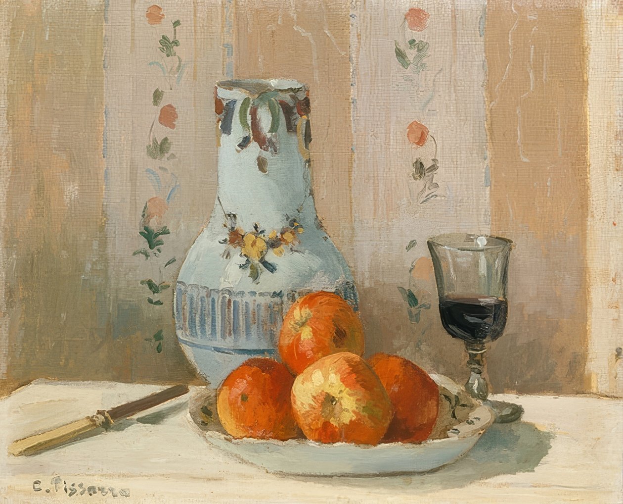 Elma ve sürahi ile natürmort. 1872 by Camille Jacob Pissarro