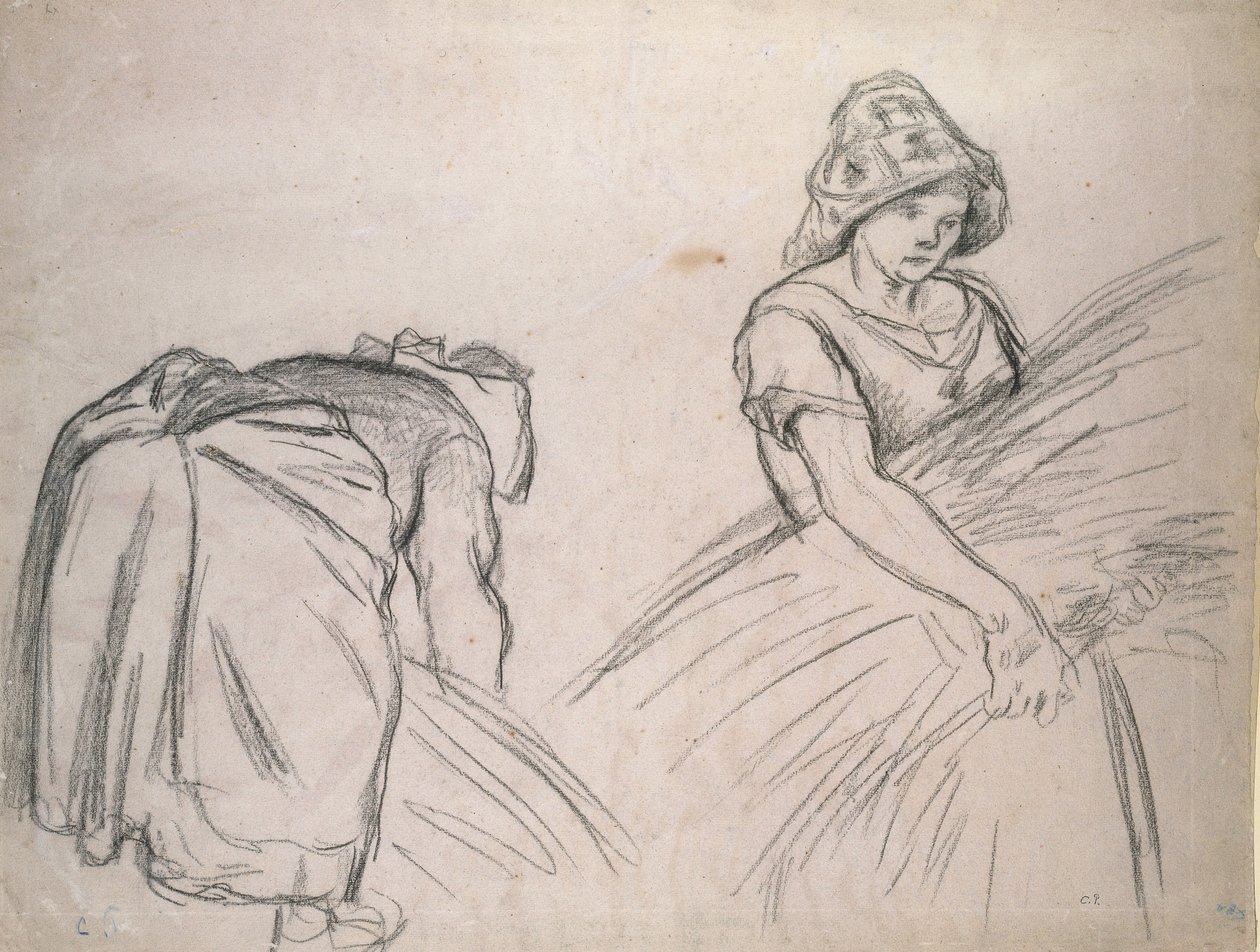 İki Kadın Biçerdöver Çalışması, 1882 (pembe kağıt üzerine siyah tebeşir ve beyaz) by Camille Jacob Pissarro