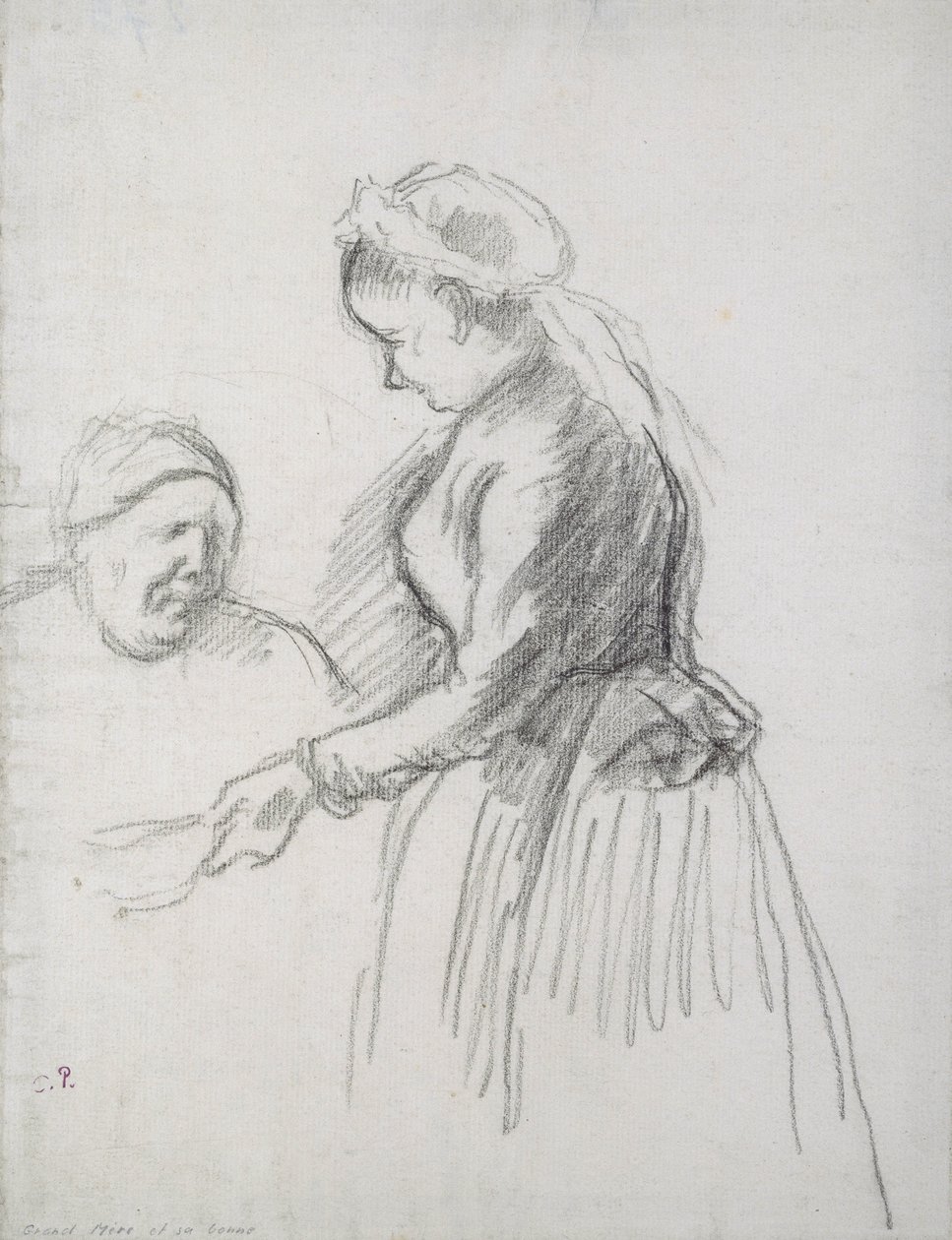 Sanatçının annesinin hizmetçisiyle birlikte çalışması (kağıt üzerinde karakalem) by Camille Jacob Pissarro