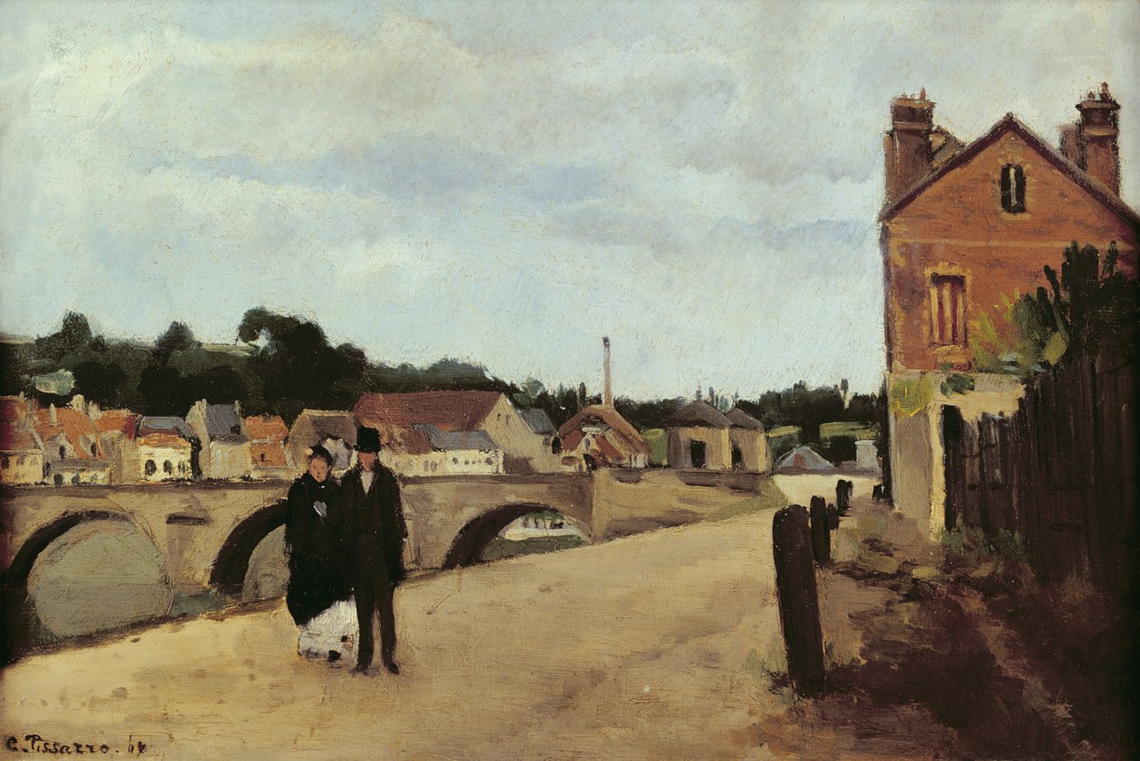 Chemin de lEcluse ve Pontoise Köprüsü, 1867 (panel üzerine monte edilmiş tuval üzerine yağlıboya) by Camille Jacob Pissarro