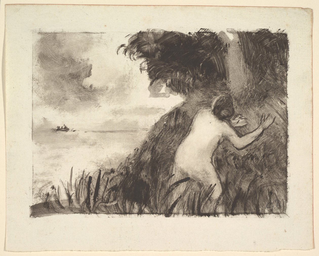 Sahilde Otların Arasında Duran Yüzücü, ca. 1894. by Camille Jacob Pissarro