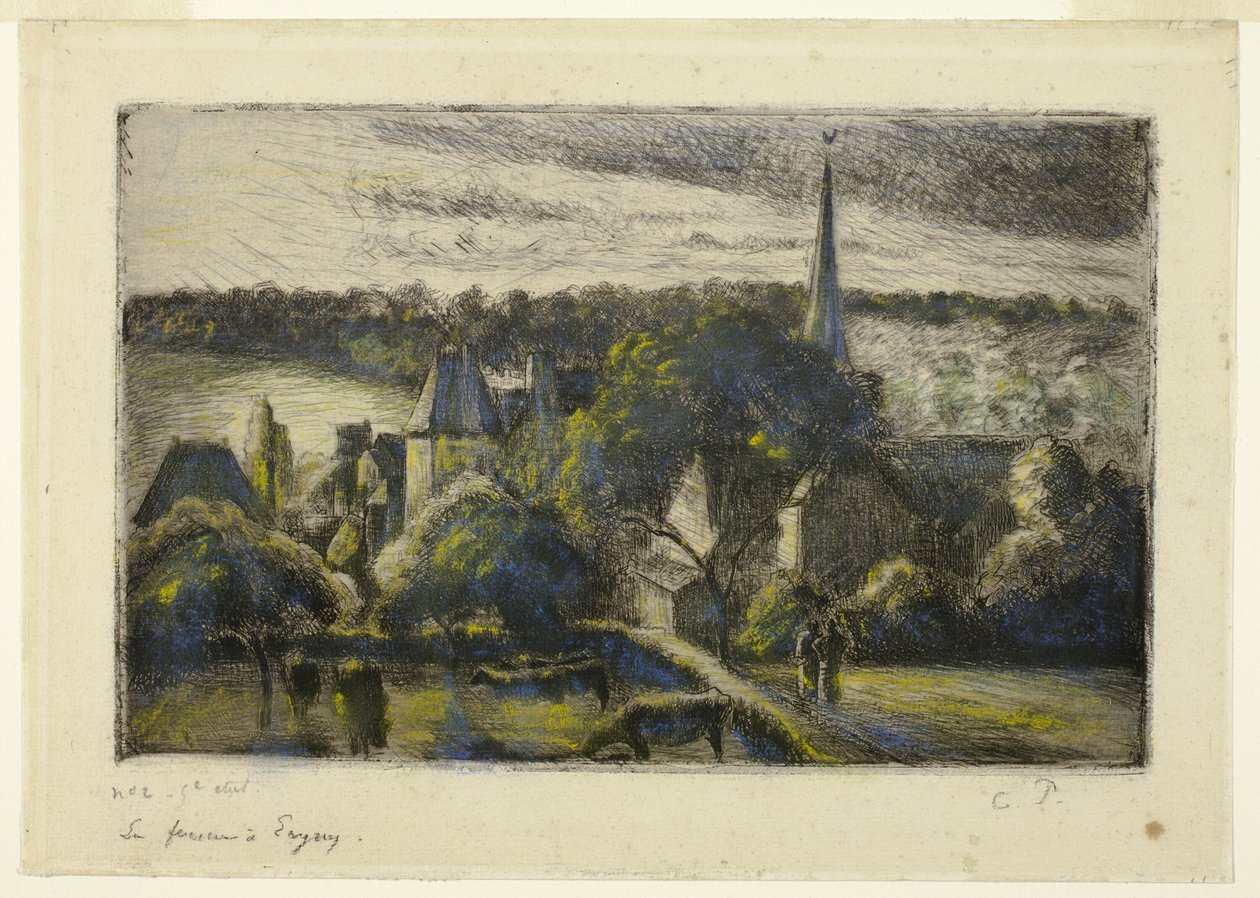 Éragny'de Kilise ve Çiftlik by Camille Pissarro