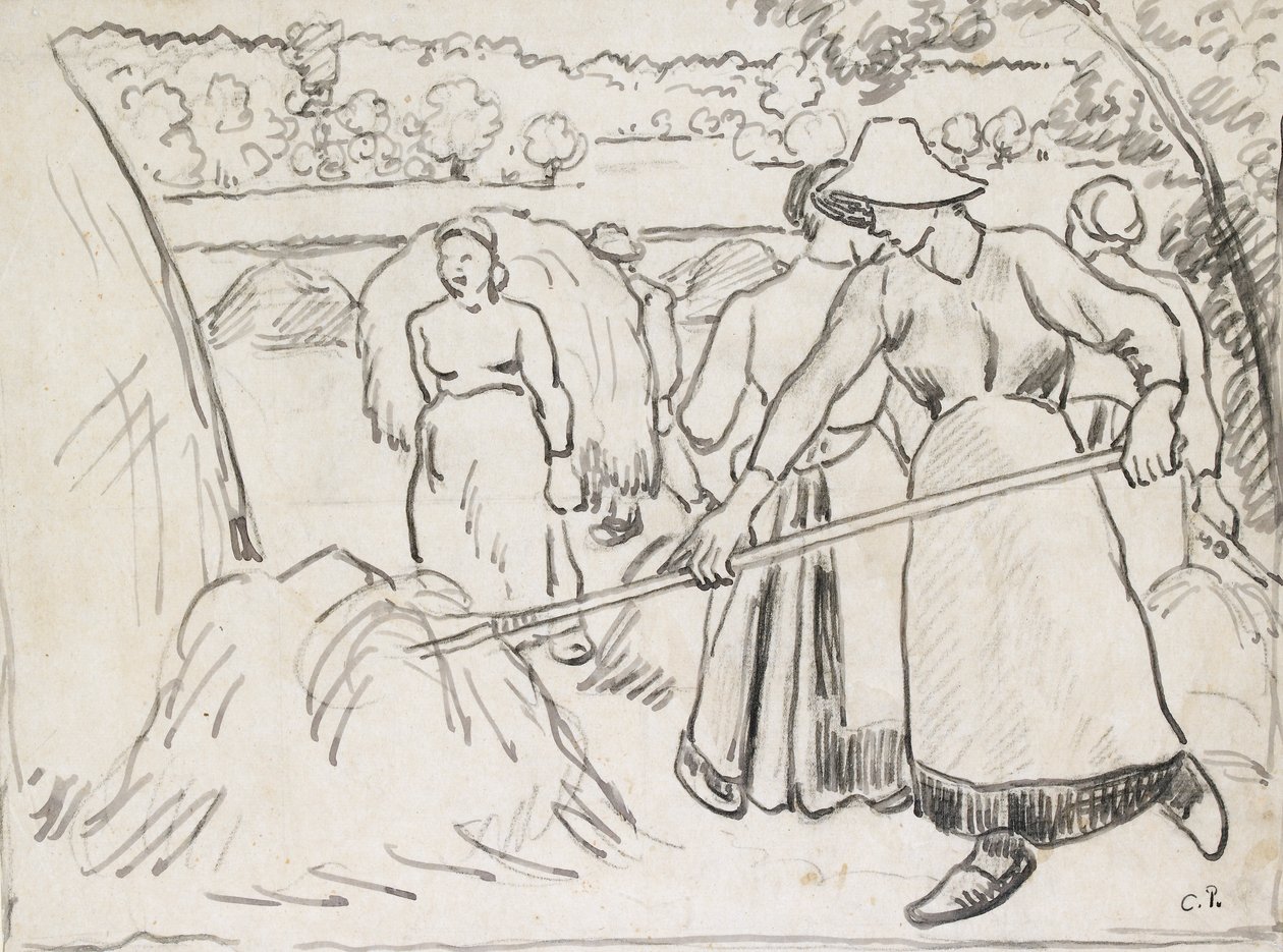 Bir manzaradaki biçerdöverlerin kompozisyon çalışması, c1893 by Camille Pissarro