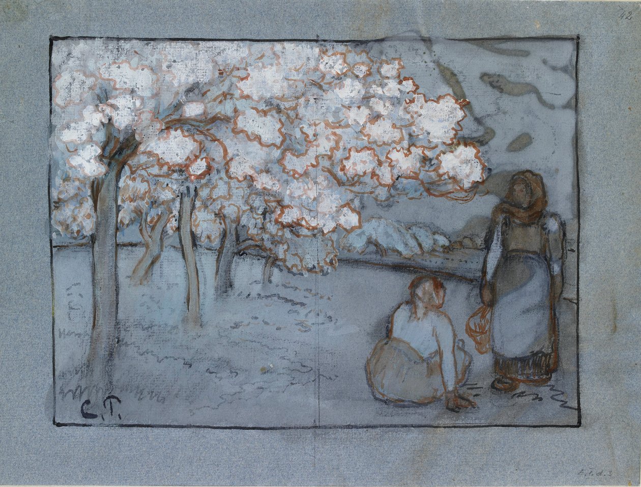 Bir meyve bahçesinde sohbet eden iki kadın köylünün kompozisyon çalışması, c1894 by Camille Pissarro