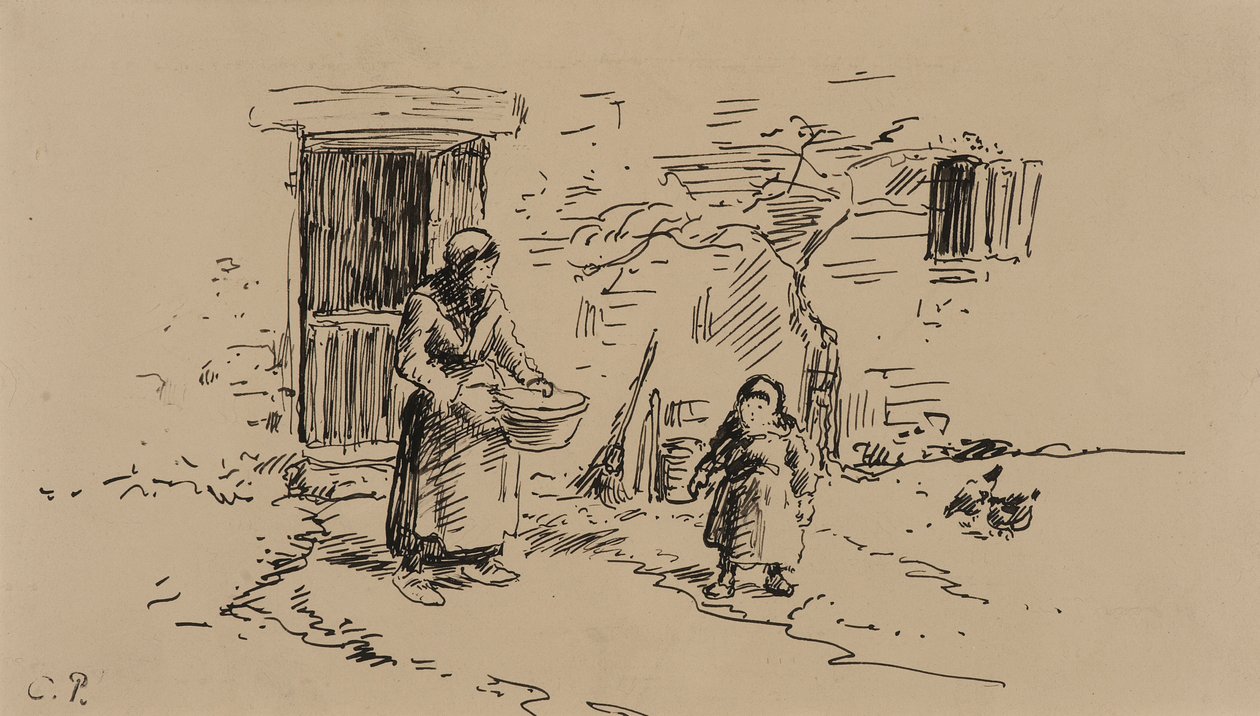 Çiftlik Sahnesi (kağıt üzerine kalem ve mürekkep) by Camille Pissarro