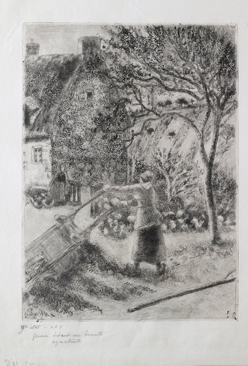 El arabasını boşaltan kadın, 1880 by Camille Pissarro