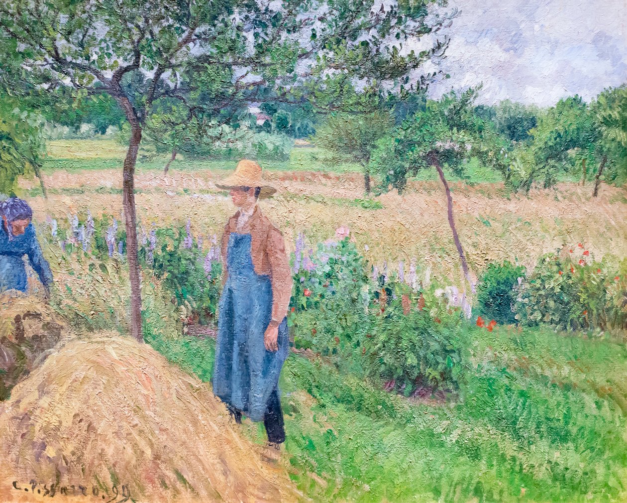Samanlıkta duran bahçıvan, bulutlu gökyüzü, Eragny by Camille Pissarro