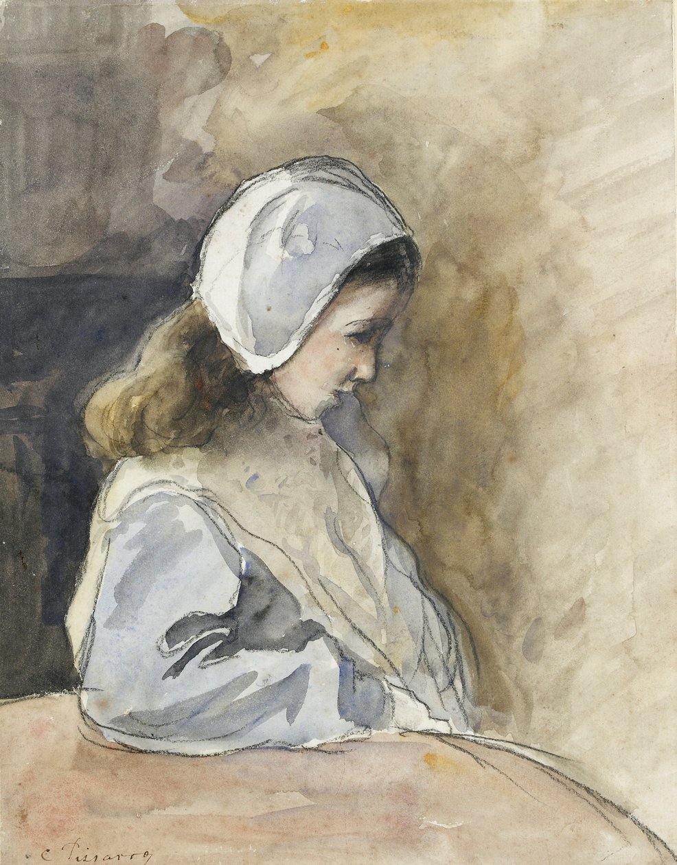 Jeanne-Rachel Pissarro bir masada oturuyor, c1872 by Camille Pissarro