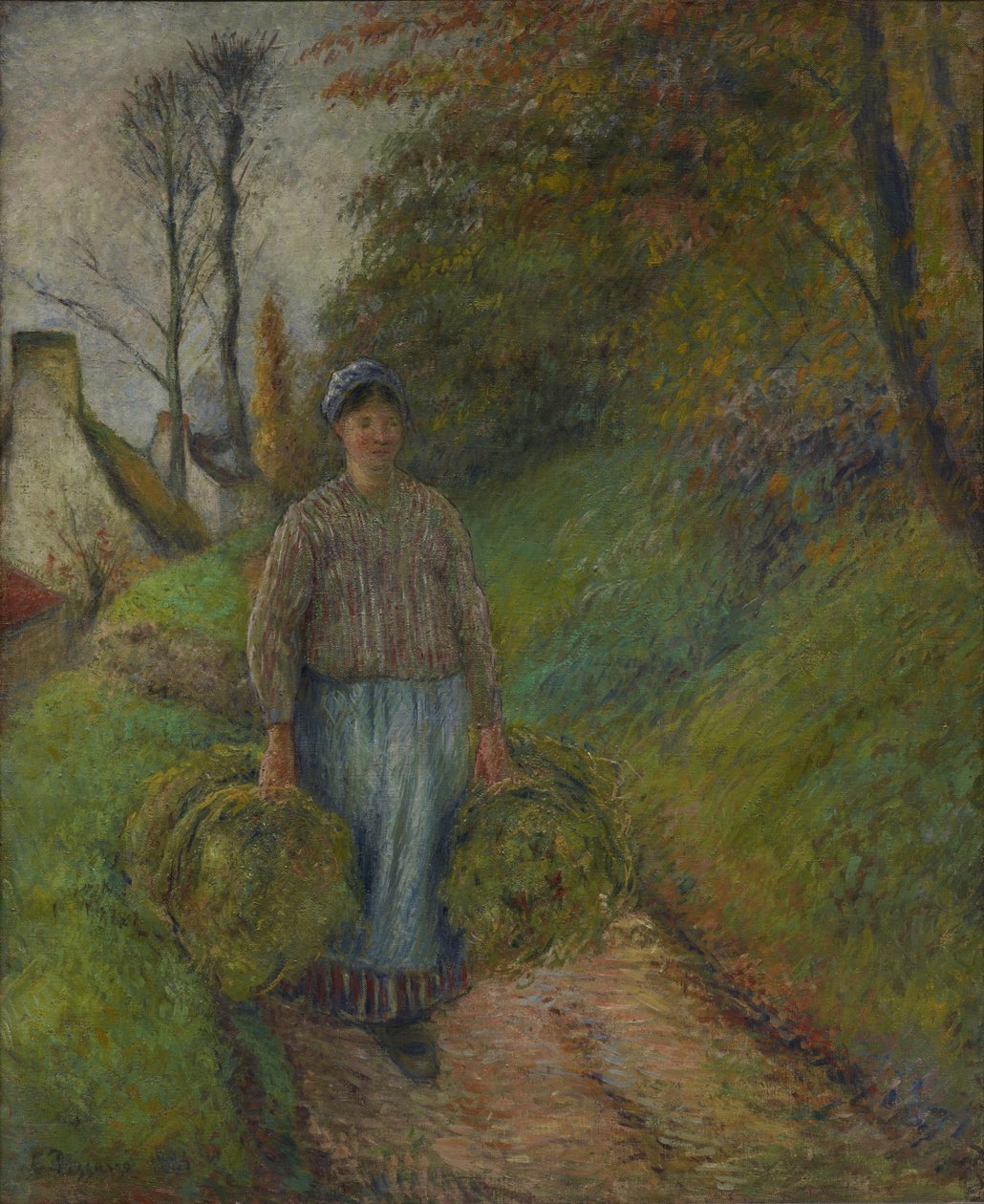 İki Demet Saman Taşıyan Köylü Kadın by Camille Pissarro