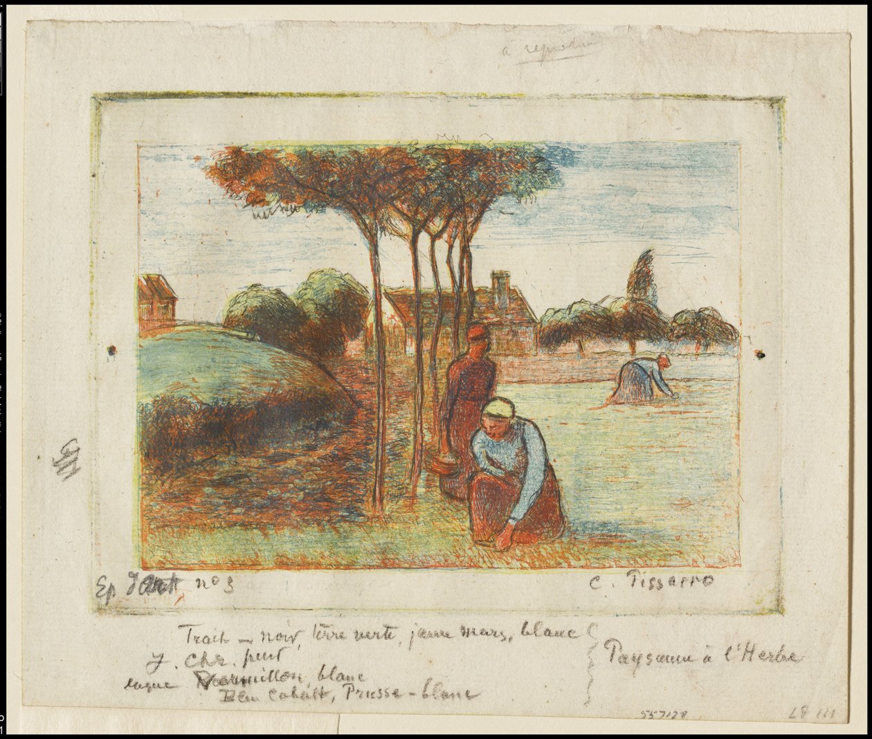 Çimleri Ayıklayan Köylü Kadınlar, 1894 dolayları (krem kaplı kağıda mavi, kırmızı, sarı ve siyah olarak basılmış gravür) by Camille Jacob Pissarro