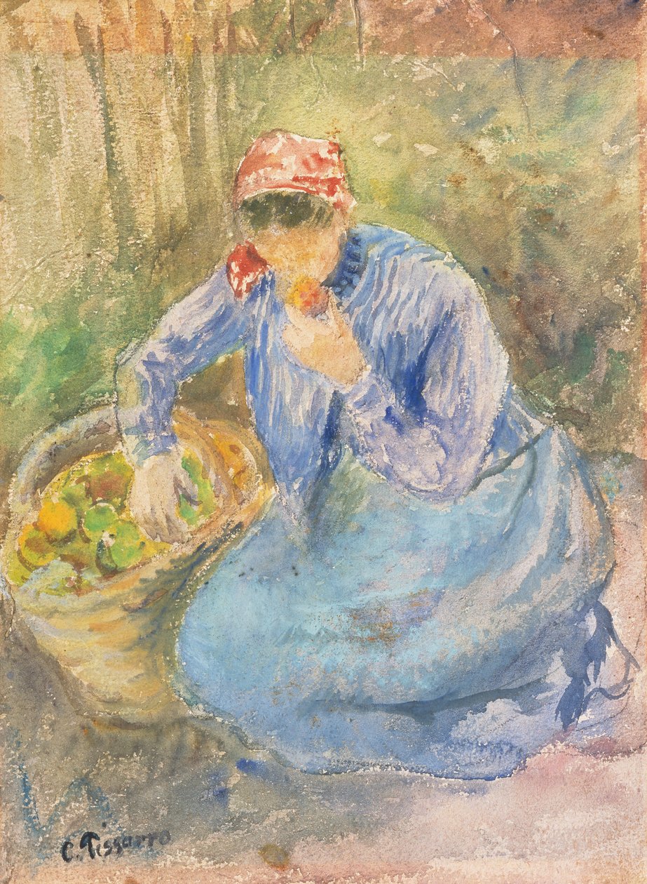 Elma Sepeti Oturan Köylü Kadın (suluboya) by Camille Pissarro