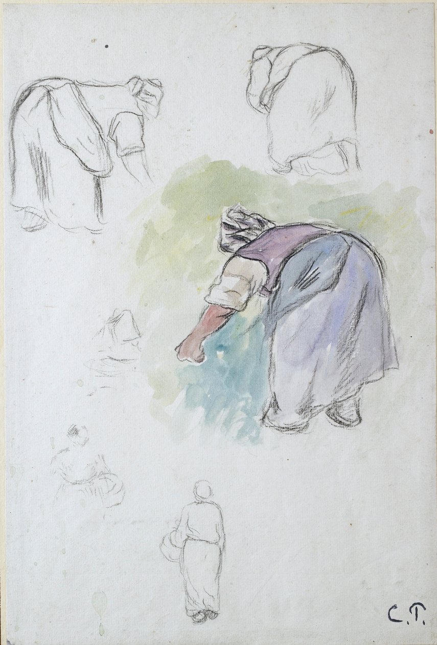 Çalışma sayfası: bir kadın köylünün bükülmesiyle ilgili dört çalışma ve bir bas tutan bir kadınla ilgili iki çalışma by Camille Pissarro