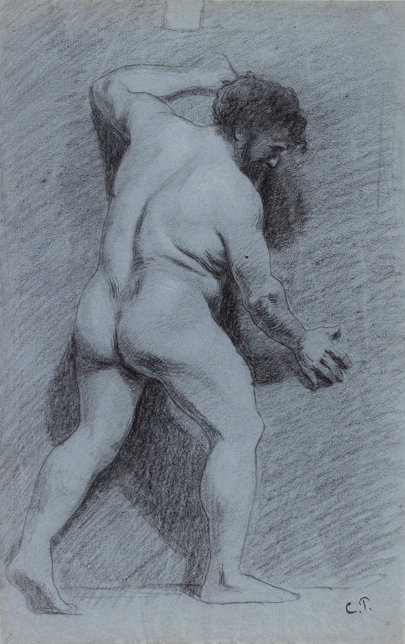 Sağa bakan profilde görülen bir duvara karşı poz veren çıplak bir erkek çalışması, 1856-1860 by Camille Pissarro