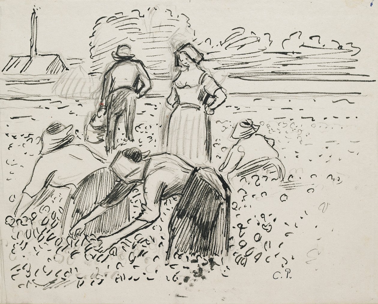 Tarlada çalışan beş köylü figürünün incelenmesi, 1887 by Camille Pissarro