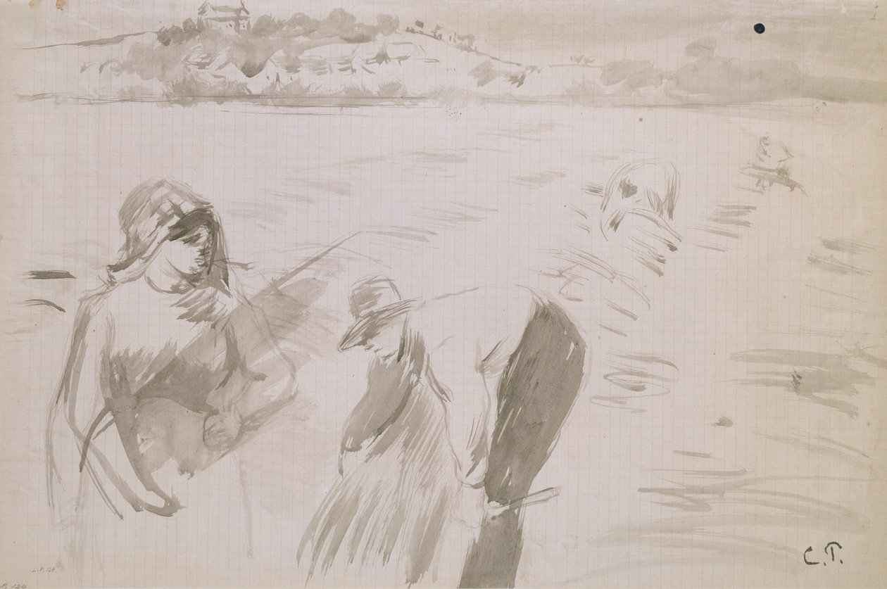 Pontoise yakınlarındaki bir tarlada çalışan biçerdöverlerin incelenmesi, 1882 by Camille Pissarro