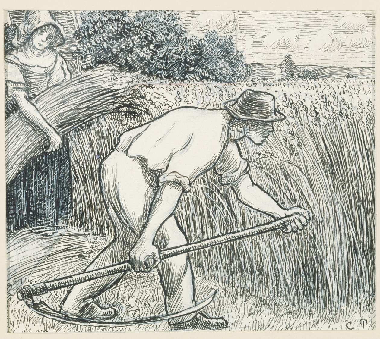 The Harvest, c.1895 (kağıt üzerinde kurşun beyaz guaj ile kalem ve mürekkep) by Camille Jacob Pissarro