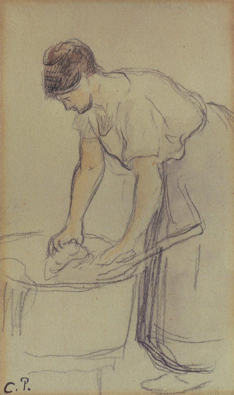 Kadın Çamaşırhane (kağıt üzerine suluboya ve kalem) by Camille Pissarro