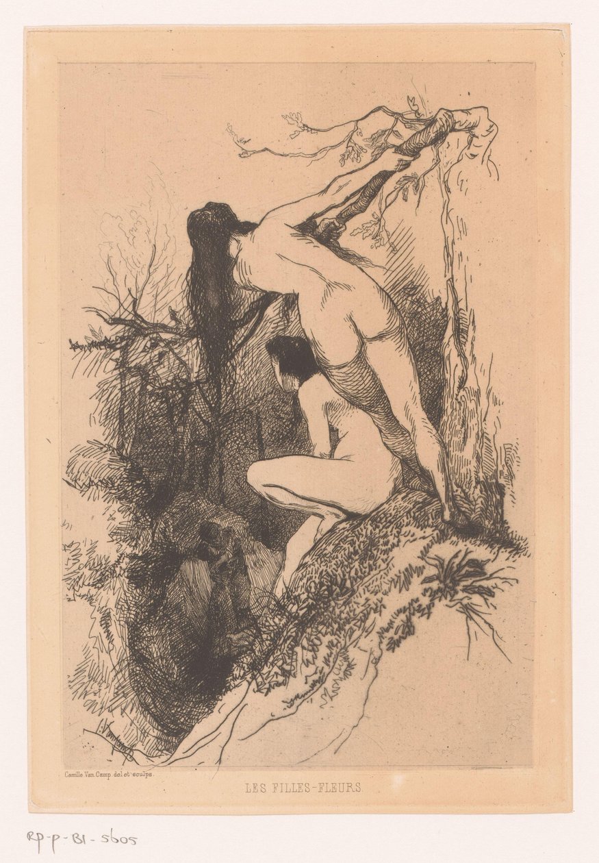 İki çıplak kadın öpüşen bir çift Les filles-fleurs'u gözetliyor (nesnedeki başlık) by Camille Van Camp