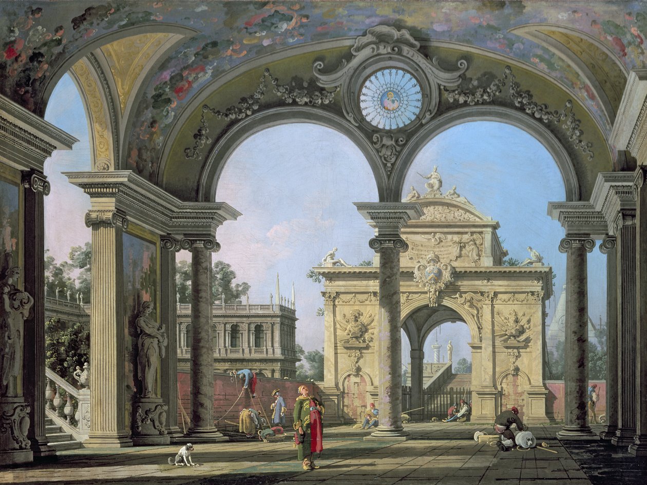 Süslü bir kemerden görülen zafer takı Capriccio, yaklaşık 1750 by Giovanni Antonio Canal