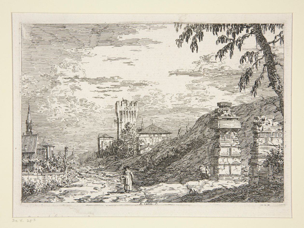 Kule ve İki Yıkık Sütunlu Manzara, Vedute (Görüntüler) serisinden by Canaletto (Giovanni Antonio Canal)